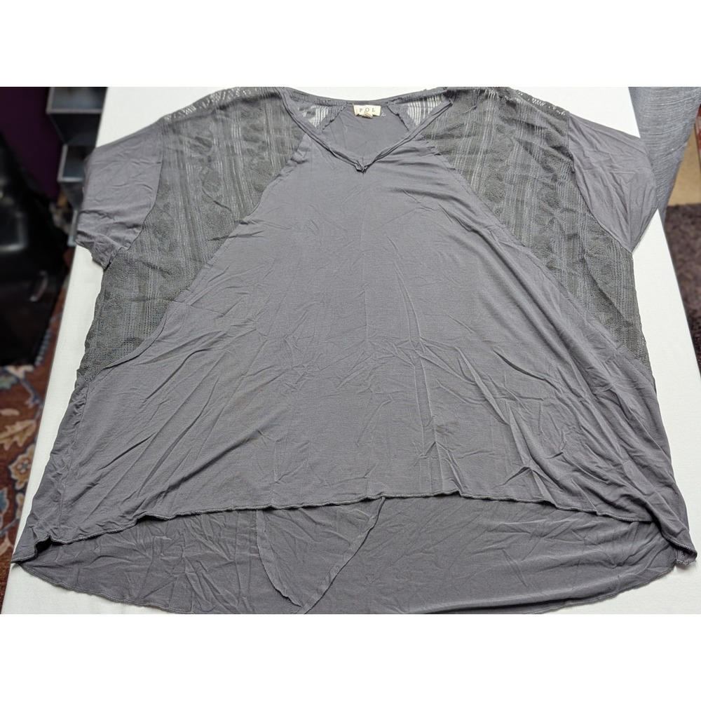 POL Womens Charcoal Gray Crochet Contrast High Low V-Neck Top FKT651A Size S